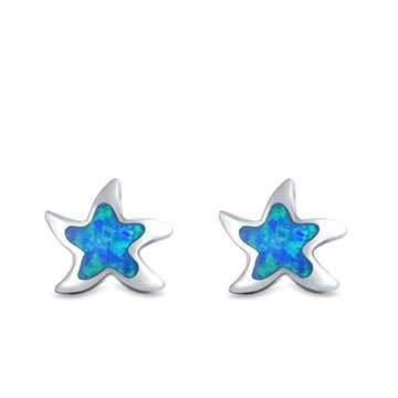 Starfish Stud Earrings Lab Created Blue Opal 925 Sterling Silver (9mm)